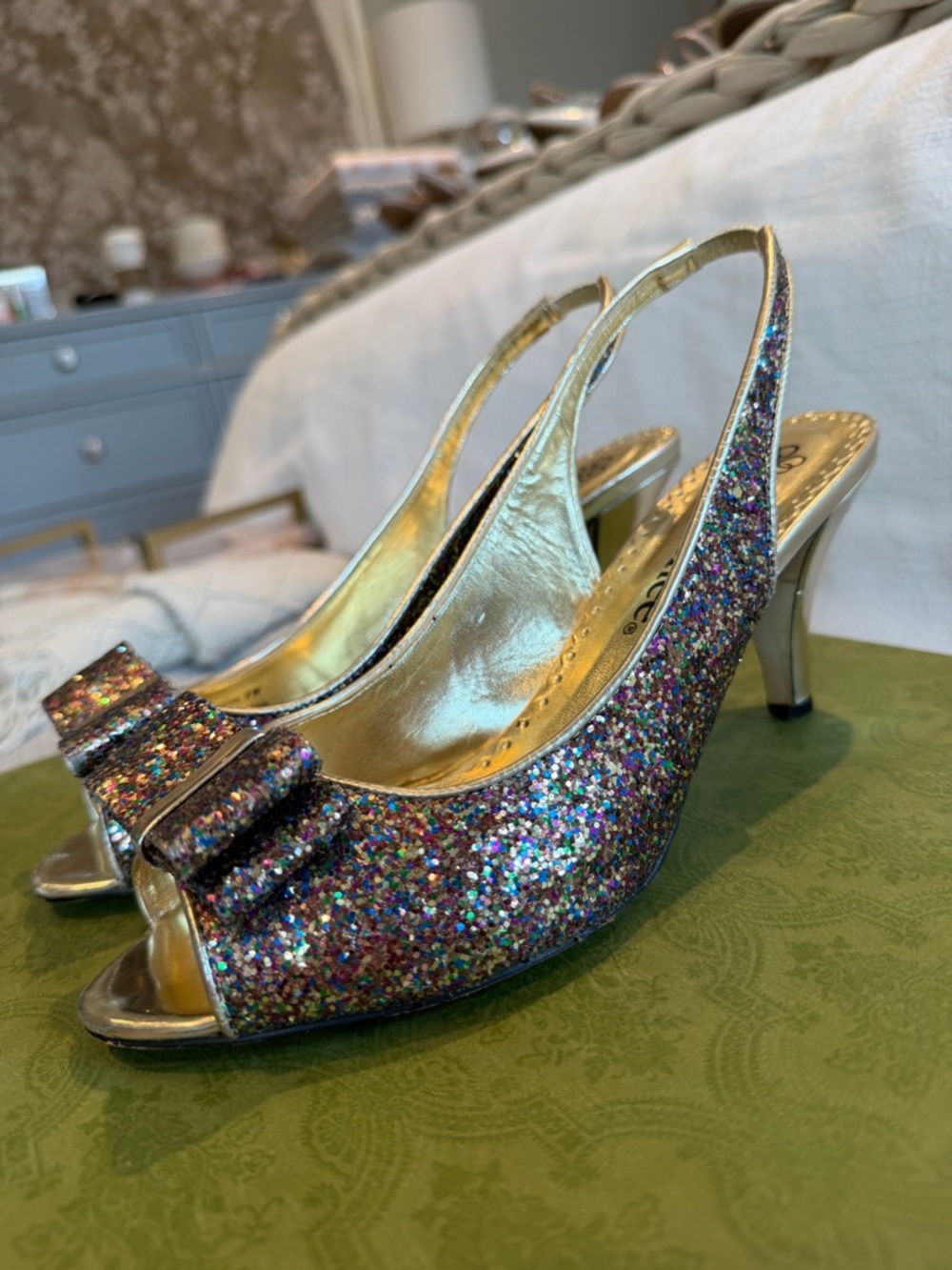 J.Renee Rosina Multicolor Glitter Peep-Toe Slingback Heels with Bow Accent